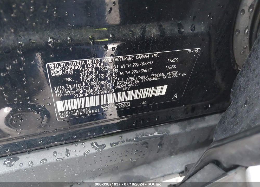 2019 TOYOTA RAV4 LE VIN: 2T3K1RFV3KC006923