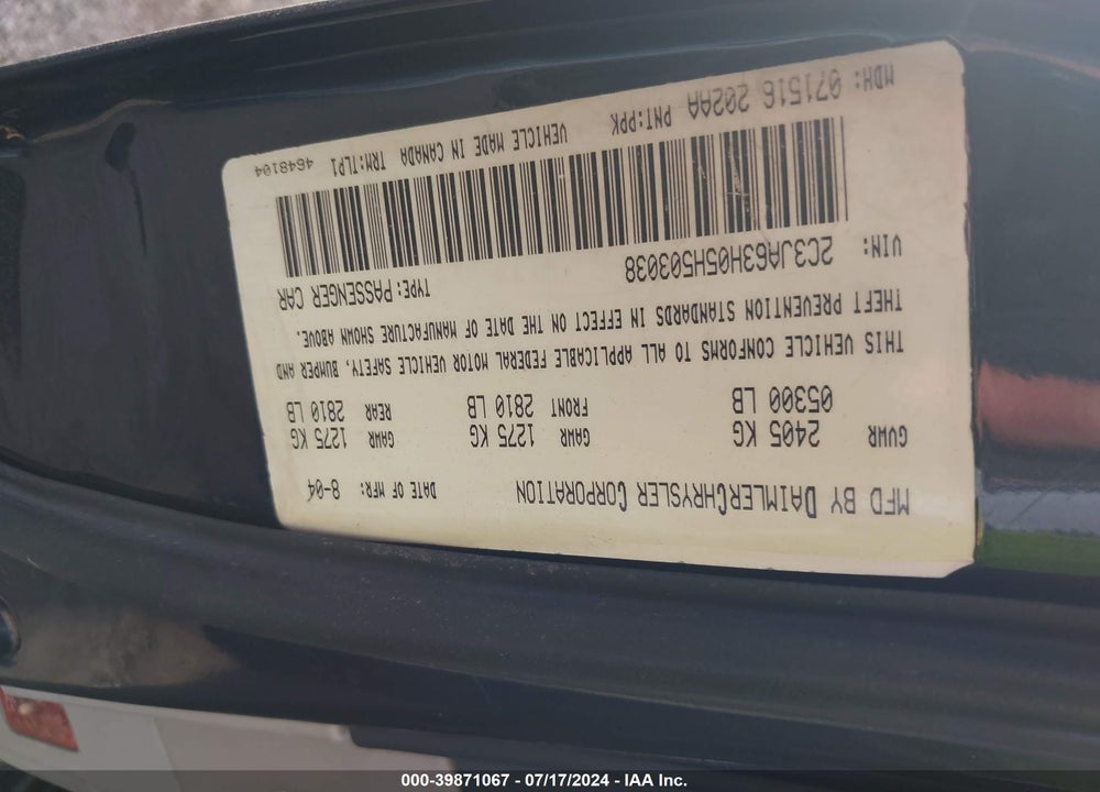 2005 CHRYSLER 300C VIN: 2C3JA63H05H503038