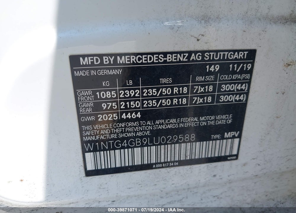 2020 MERCEDES-BENZ GLA 250 4MATIC VIN: W1NTG4GB9LU029588