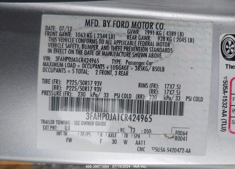 2012 FORD FUSION SEL VIN: 3FAHP0JA1CR424965