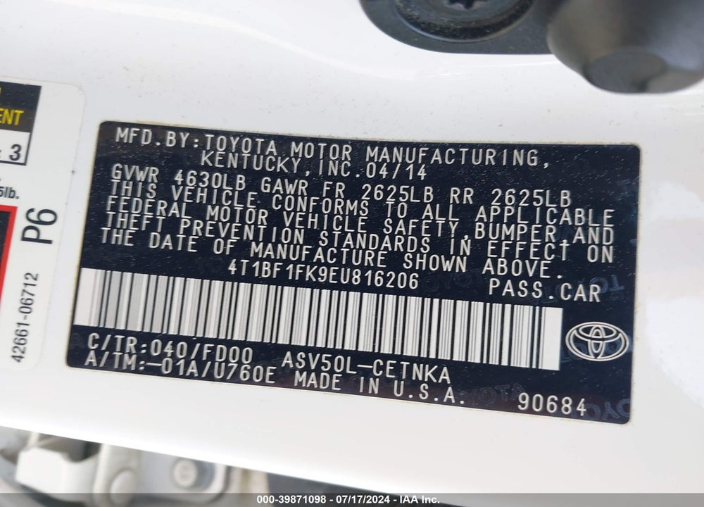 2014 TOYOTA CAMRY LE VIN: 4T1BF1FK9EU816206