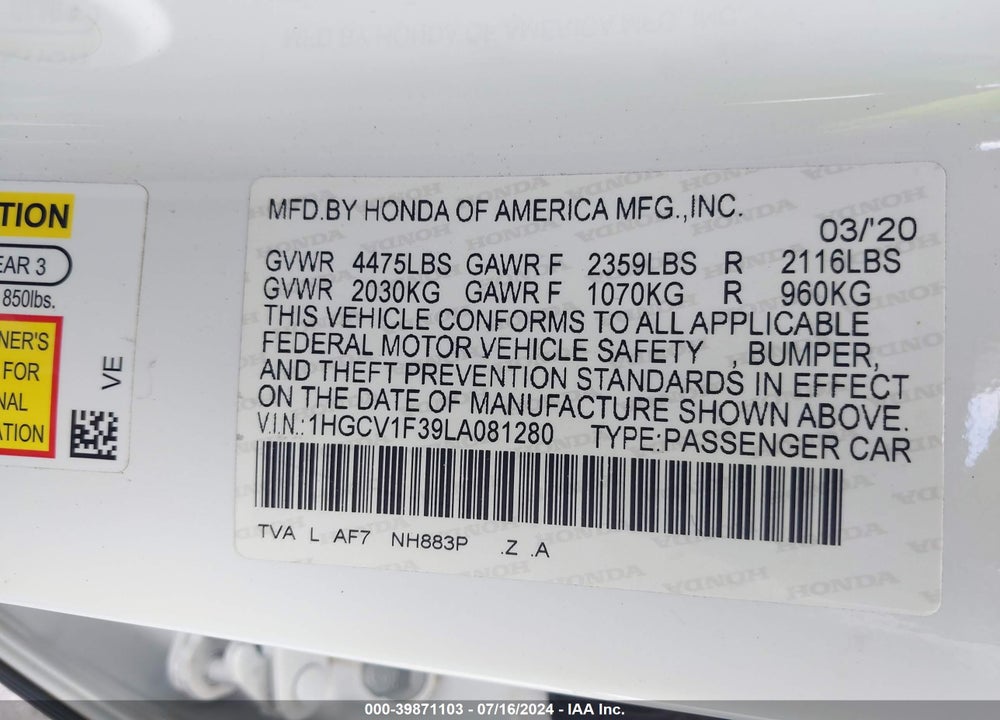 2020 HONDA ACCORD SPORT VIN: 1HGCV1F39LA081280