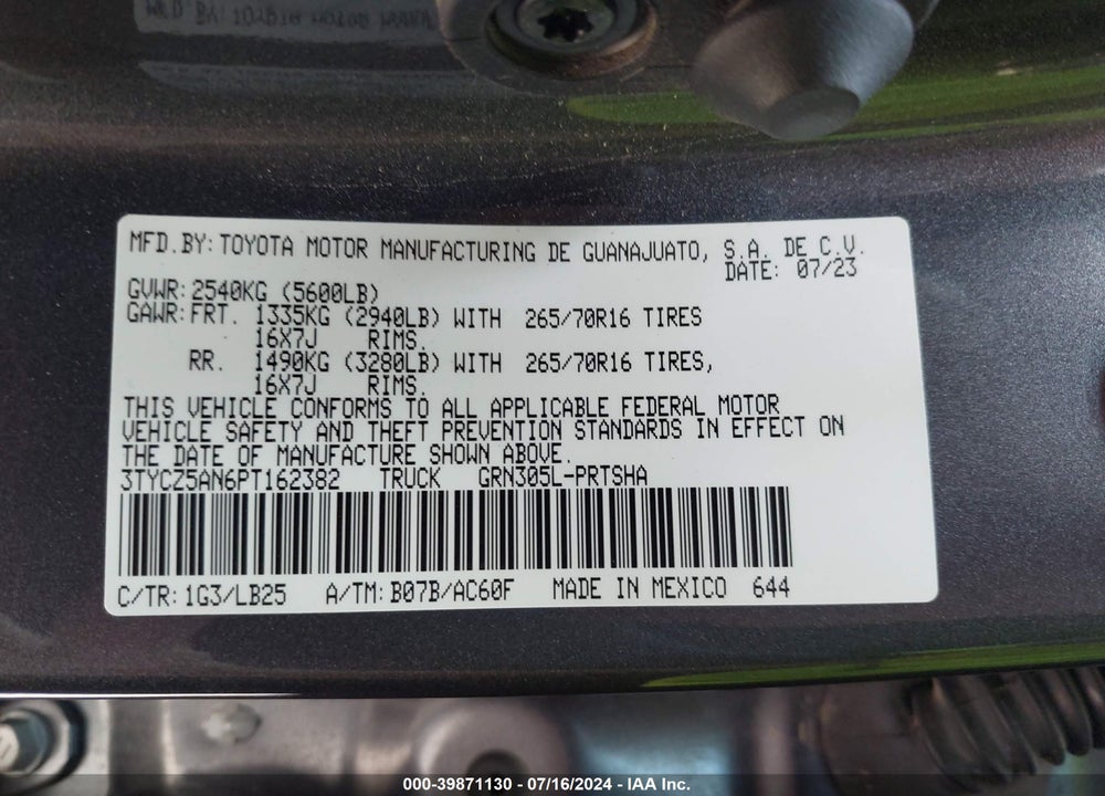 2023 TOYOTA TACOMA TRD PRO VIN: 3TYCZ5AN6PT162382