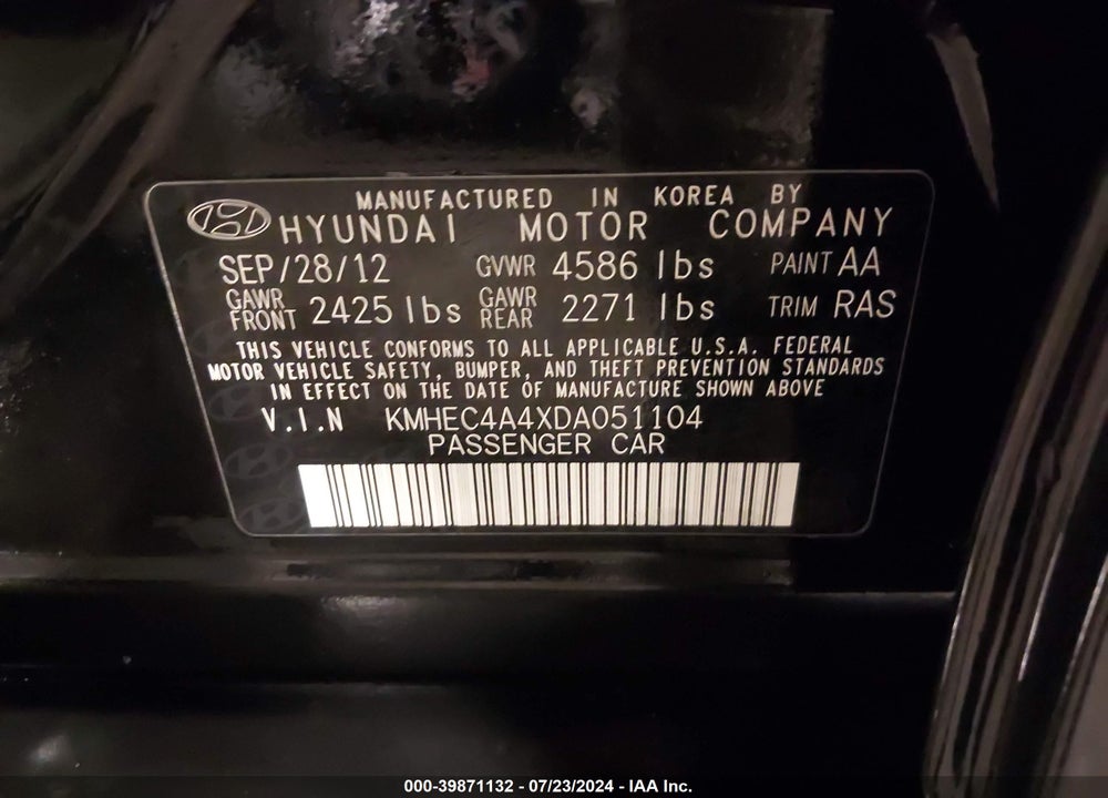 2013 HYUNDAI SONATA HYBRID LIMITED VIN: KMHEC4A4XDA051104