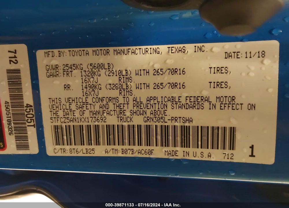 2019 TOYOTA TACOMA TRD PRO VIN: 5TFCZ5AN1KX173692