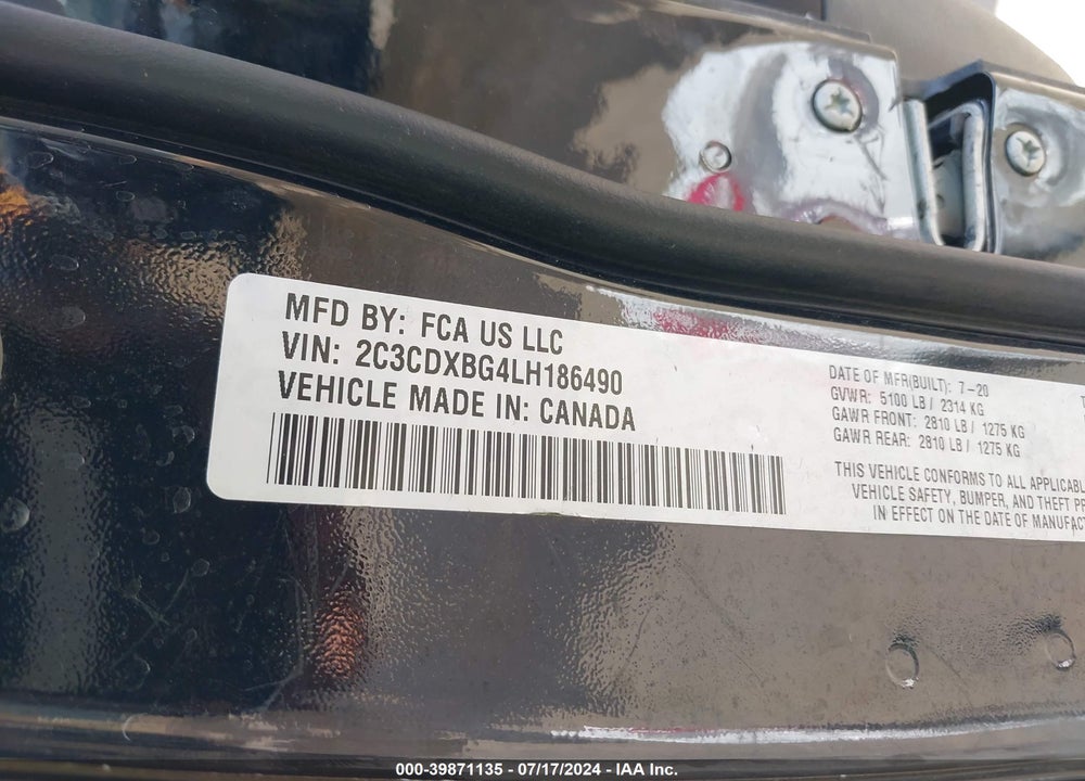 2020 DODGE CHARGER SXT RWD VIN: 2C3CDXBG4LH186490