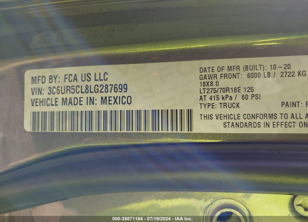 2020 RAM 2500 TRADESMAN 4X4 6'4 BOX VIN: 3C6UR5CL8LG287699