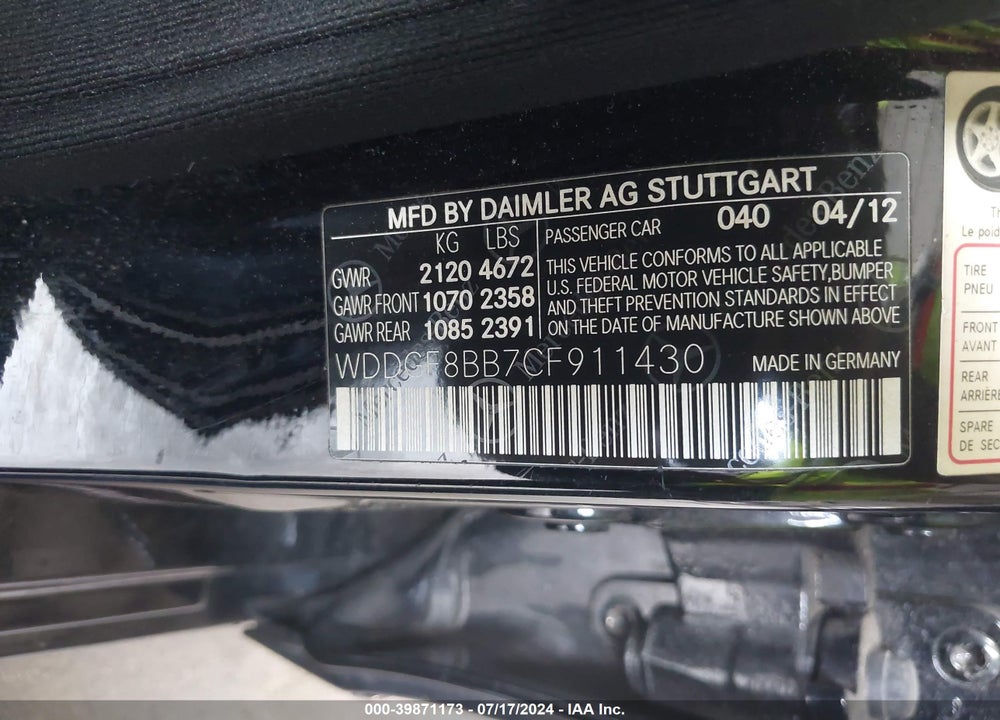 2012 MERCEDES-BENZ C 300 LUXURY 4MATIC/SPORT 4MATIC VIN: WDDGF8BB7CF911430