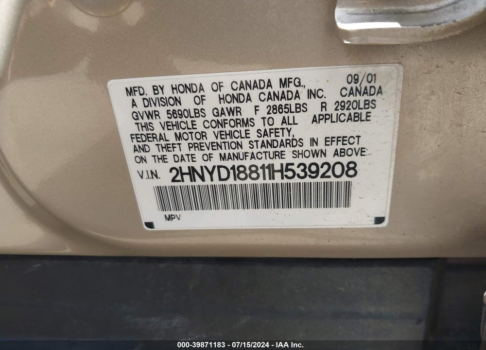 2001 ACURA MDX VIN: 2HNYD18811H539208