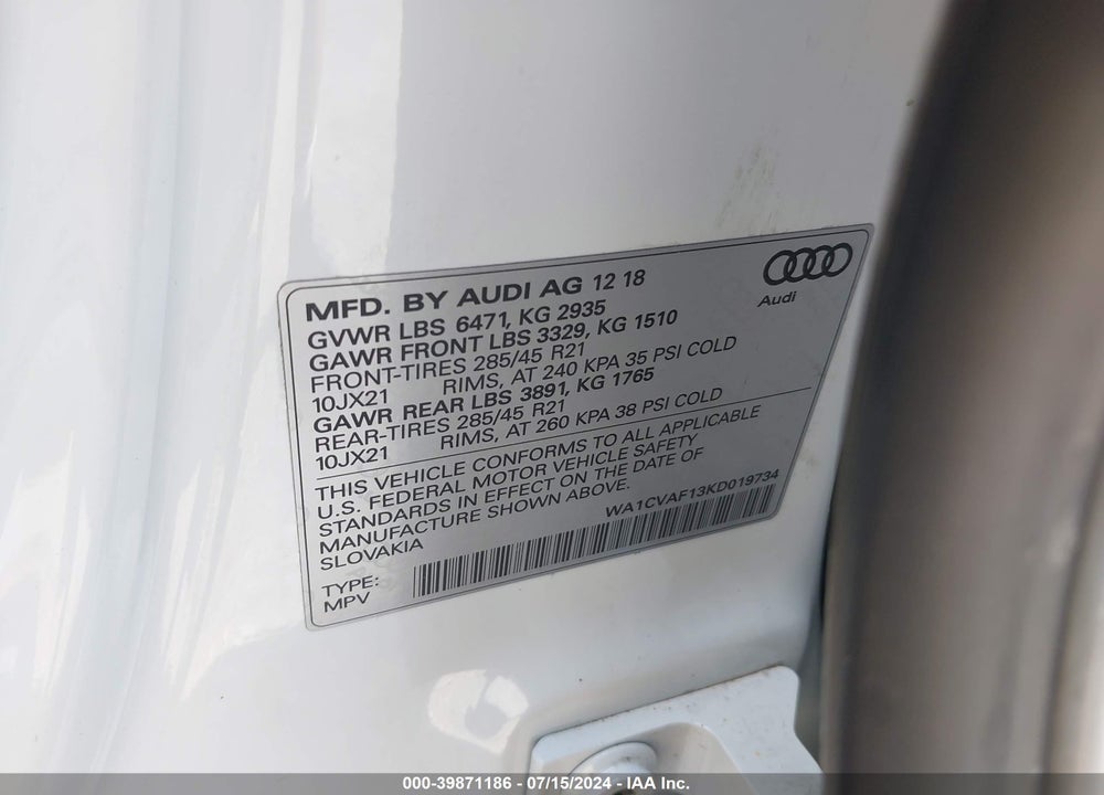 2019 AUDI Q8 55 PREMIUM VIN: WA1CVAF13KD019734