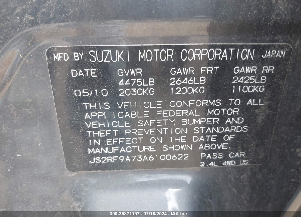 2010 SUZUKI KIZASHI SLS VIN: JS2RF9A73A6100622