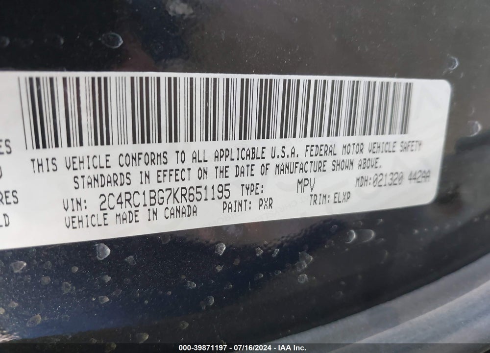 2019 CHRYSLER PACIFICA TOURING L VIN: 2C4RC1BG7KR651195