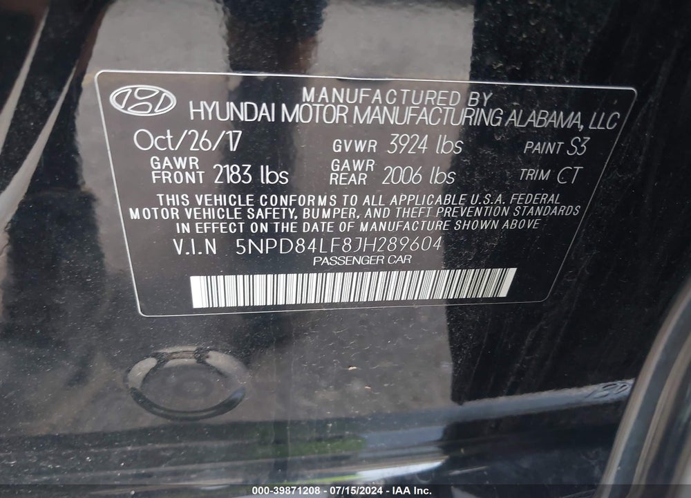 2018 HYUNDAI ELANTRA SEL VIN: 5NPD84LF8JH289604