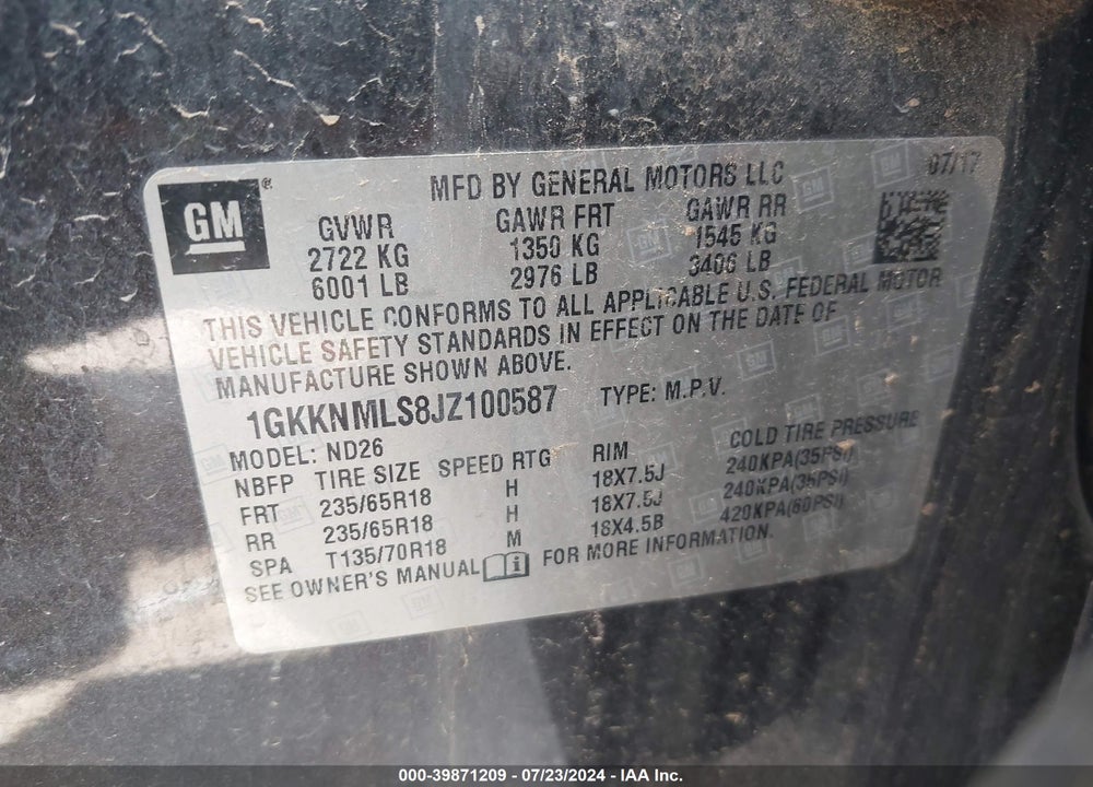 2018 GMC ACADIA SLT-1 VIN: 1GKKNMLS8JZ100587