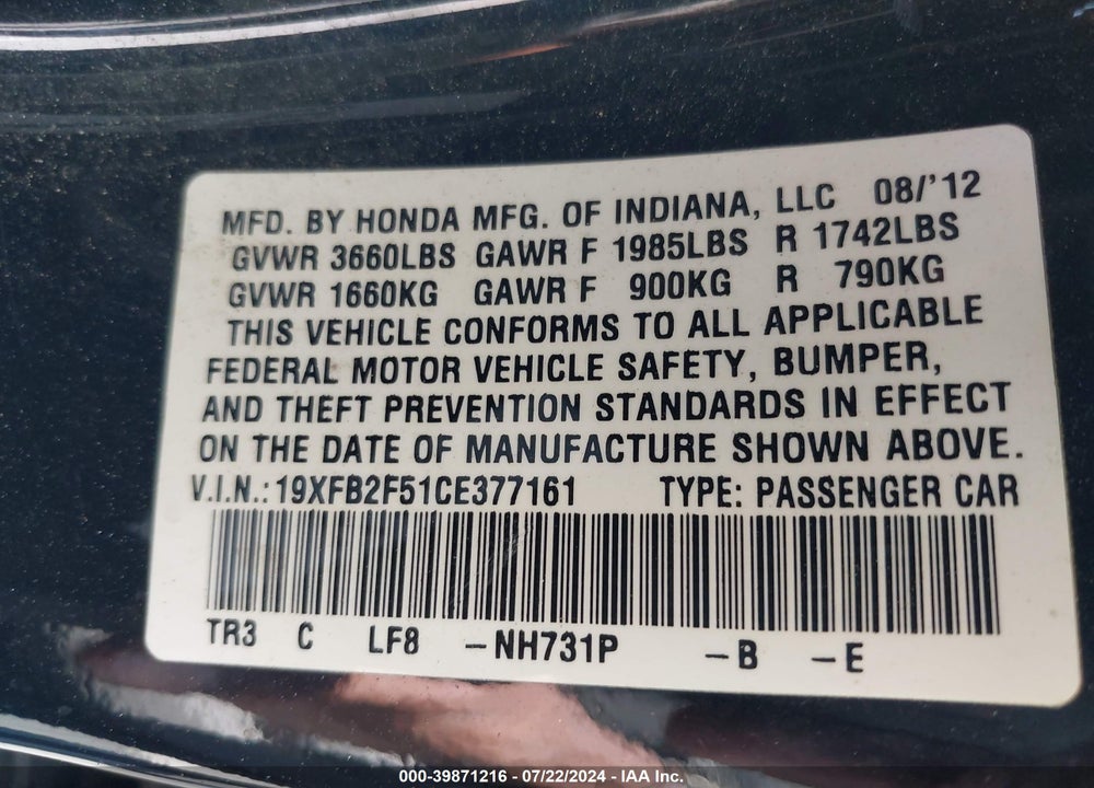 2012 HONDA CIVIC LX VIN: 19XFB2F51CE377161