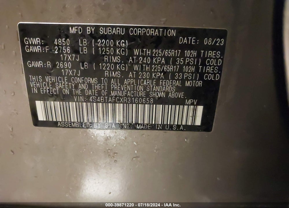 2024 SUBARU OUTBACK PREMIUM VIN: 4S4BTAFCXR3160658