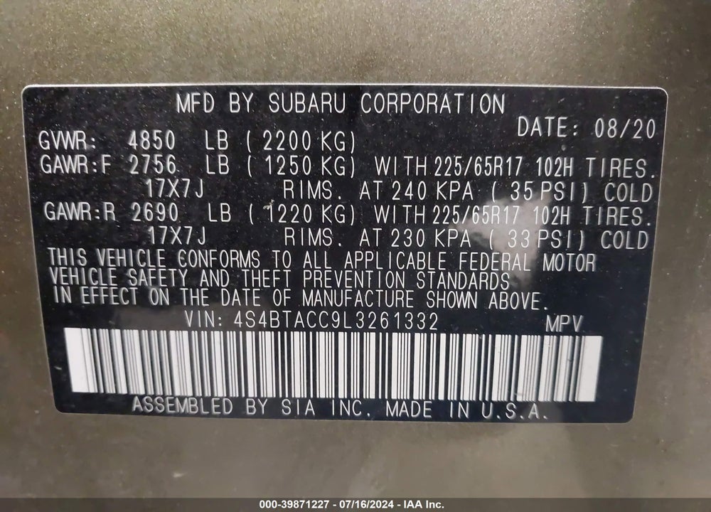 2020 SUBARU OUTBACK PREMIUM VIN: 4S4BTACC9L3261332