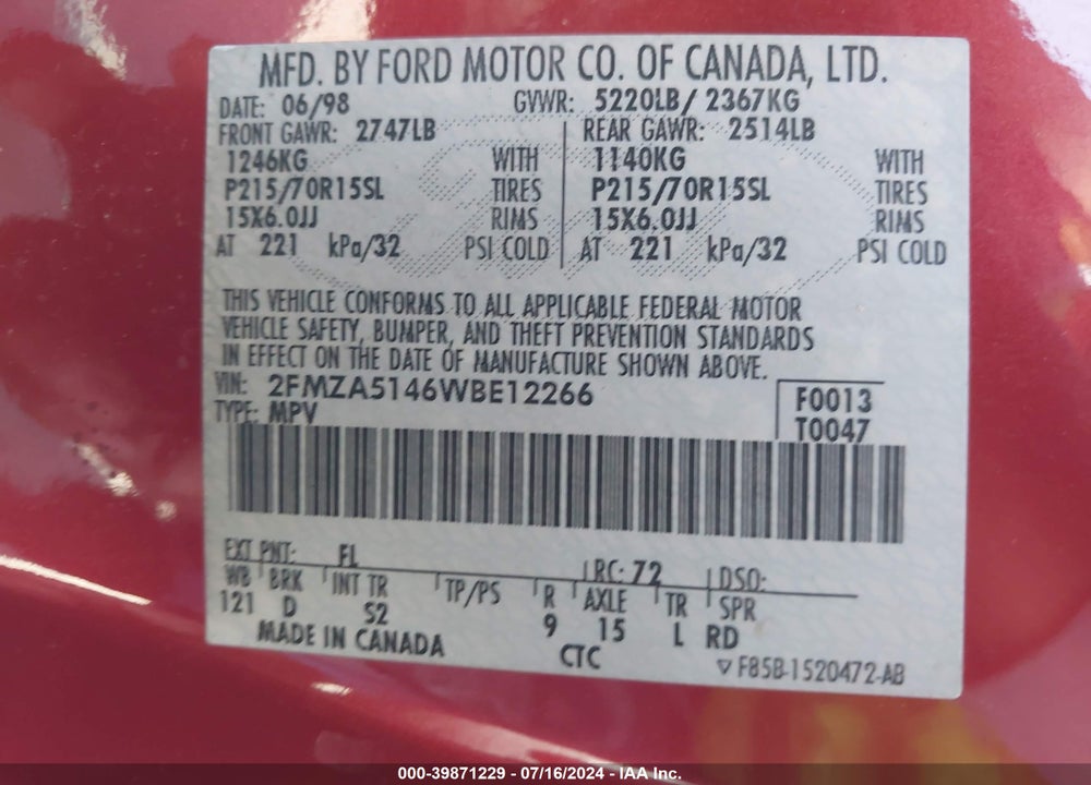 1998 FORD WINDSTAR GL/LIMITED/LX VIN: 2FMZA5146WBE12266