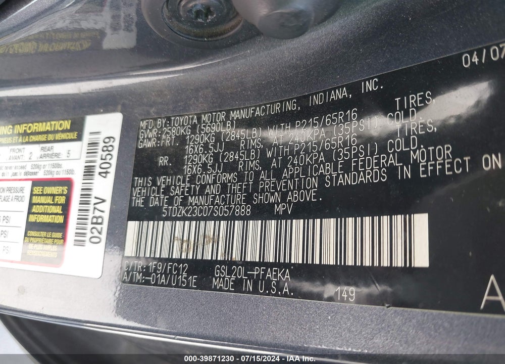 2007 TOYOTA SIENNA LE VIN: 5TDZK23C07S057888