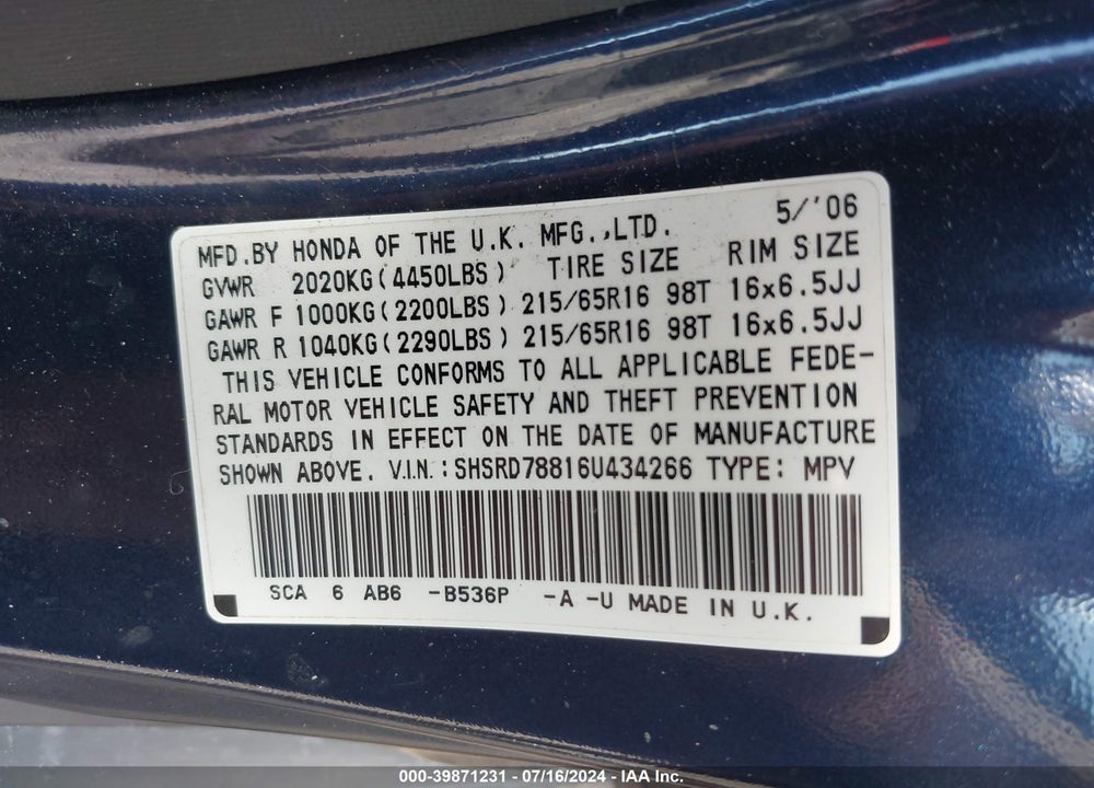 2006 HONDA CR-V EX VIN: SHSRD78816U434266