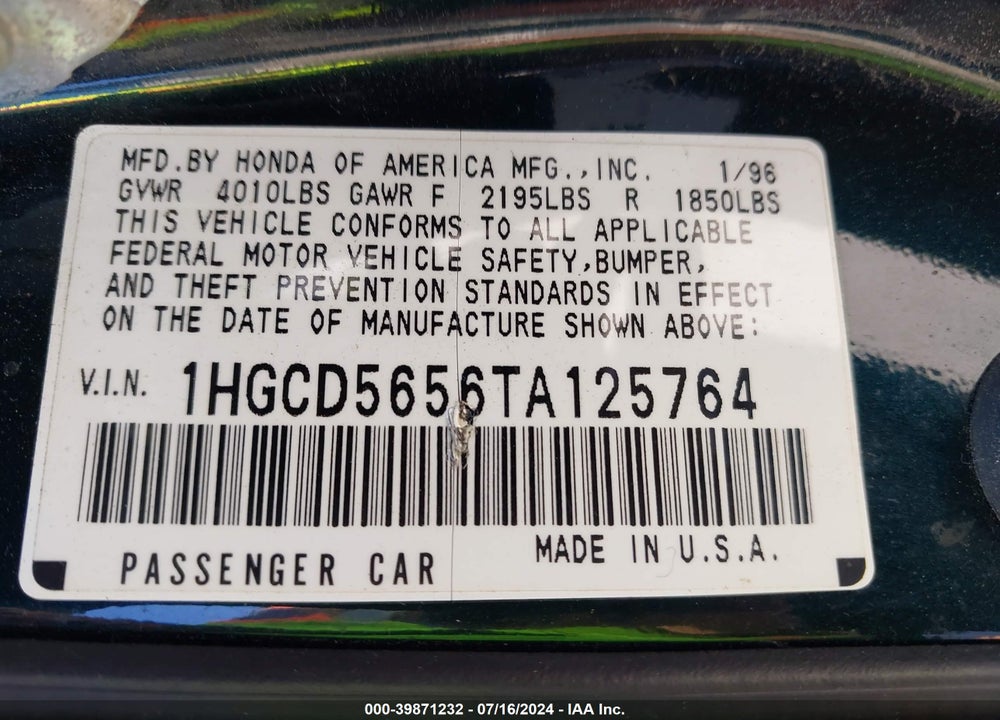 1996 HONDA ACCORD EX/EX-R VIN: 1HGCD5656TA125764