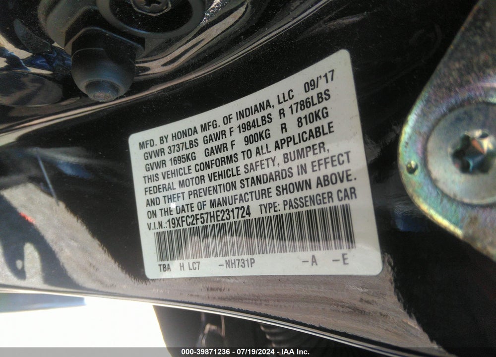 2017 HONDA CIVIC LX VIN: 19XFC2F57HE231724