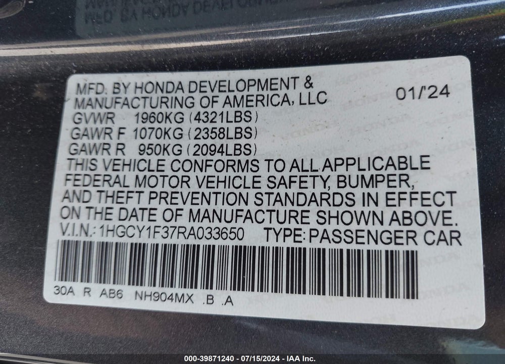 2024 HONDA ACCORD EX VIN: 1HGCY1F37RA033650