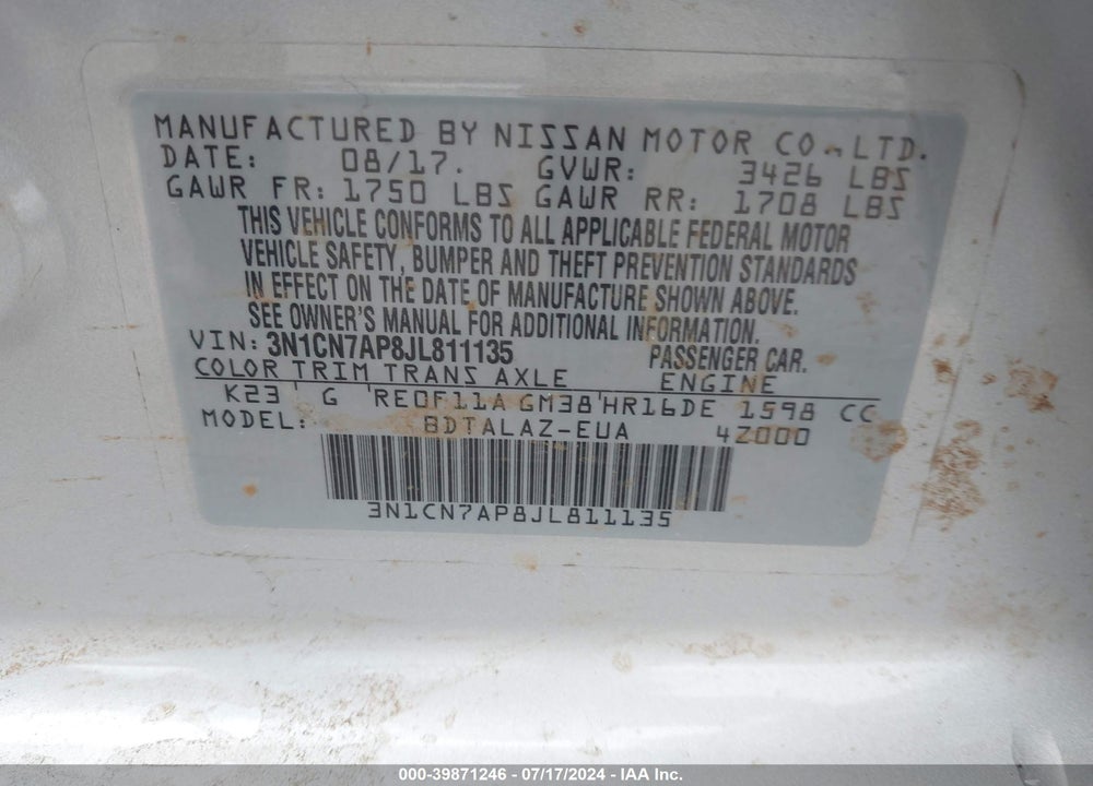 2018 NISSAN VERSA VIN: 3N1CN7AP8JL811135