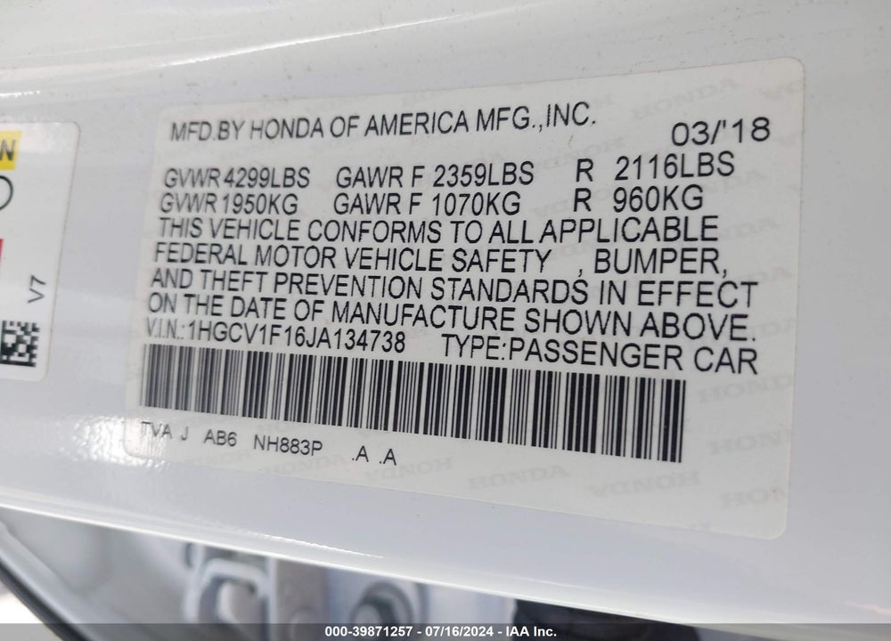 2018 HONDA ACCORD LX VIN: 1HGCV1F16JA134738