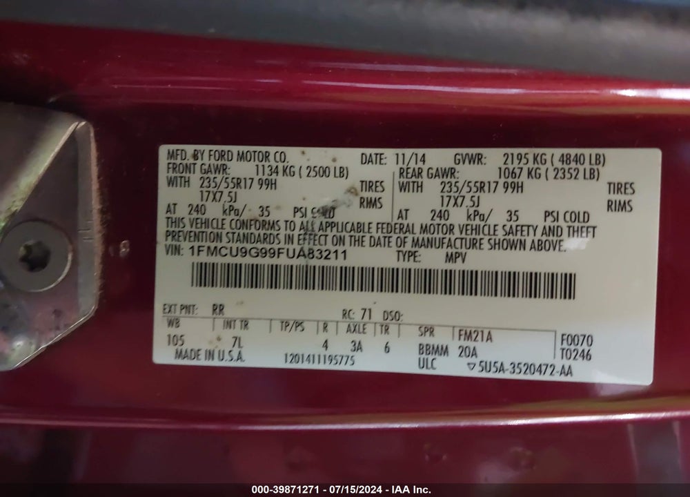 2015 FORD ESCAPE SE VIN: 1FMCU9G99FUA83211