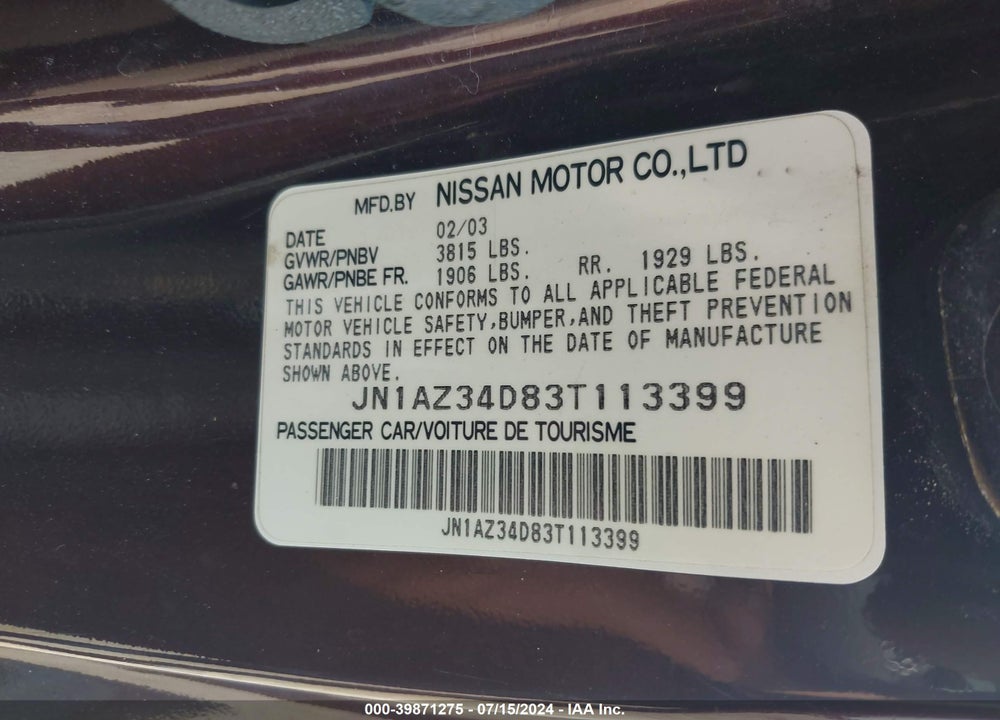 2003 NISSAN 350Z VIN: JN1AZ34D83T113399