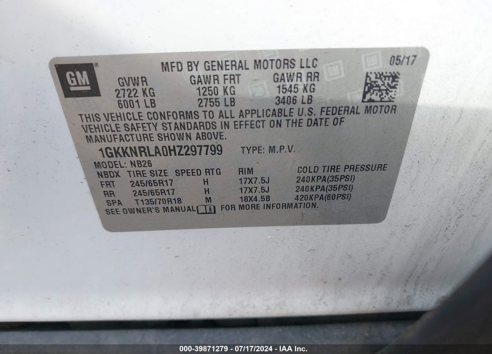 2017 GMC ACADIA SLE-1 VIN: 1GKKNRLA0HZ297799