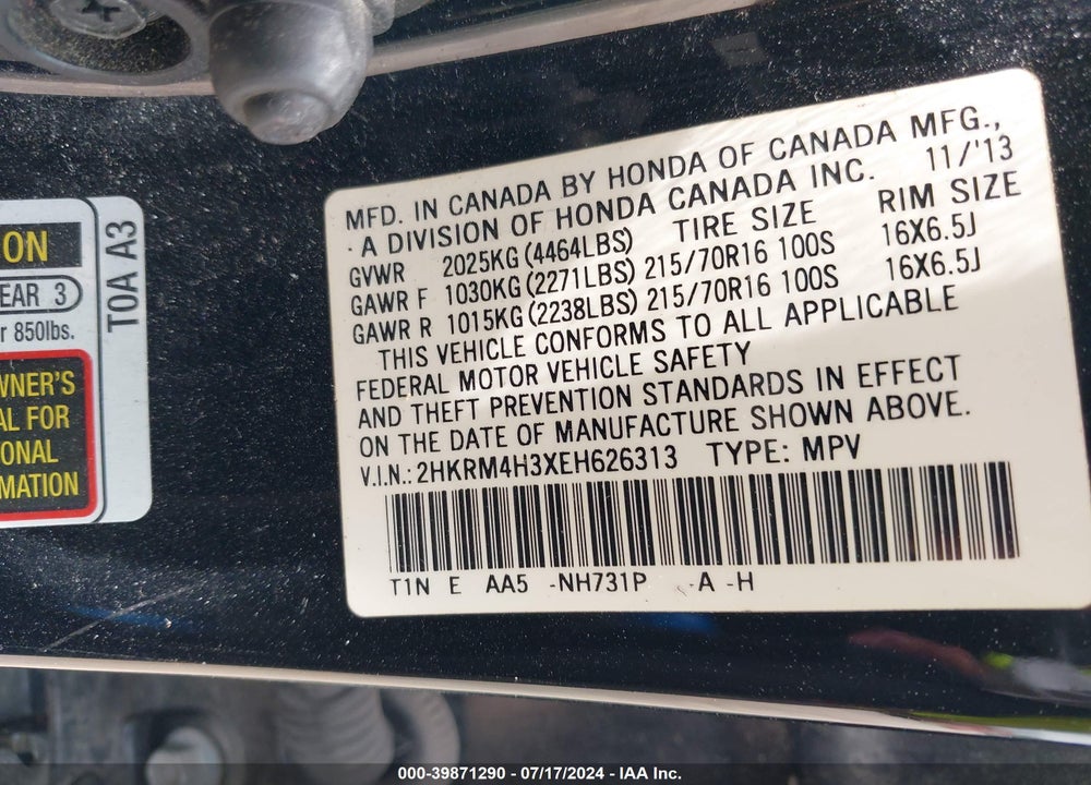 2014 HONDA CR-V VIN: 2HKRM4H3XEH626313