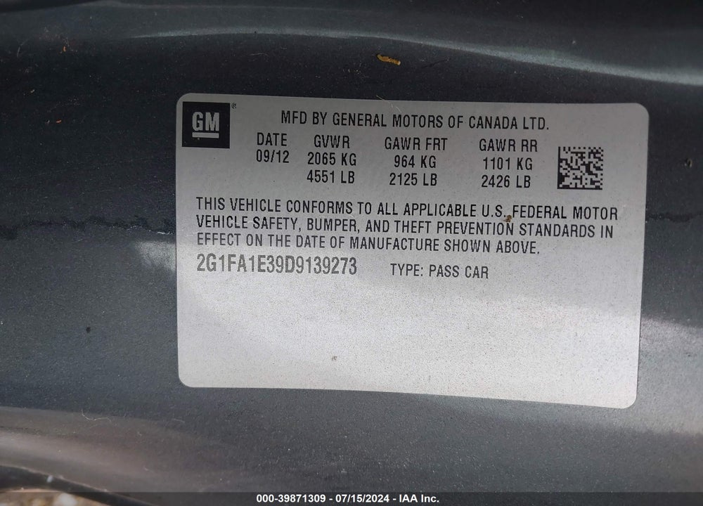 2013 CHEVROLET CAMARO 2LS VIN: 2G1FA1E39D9139273