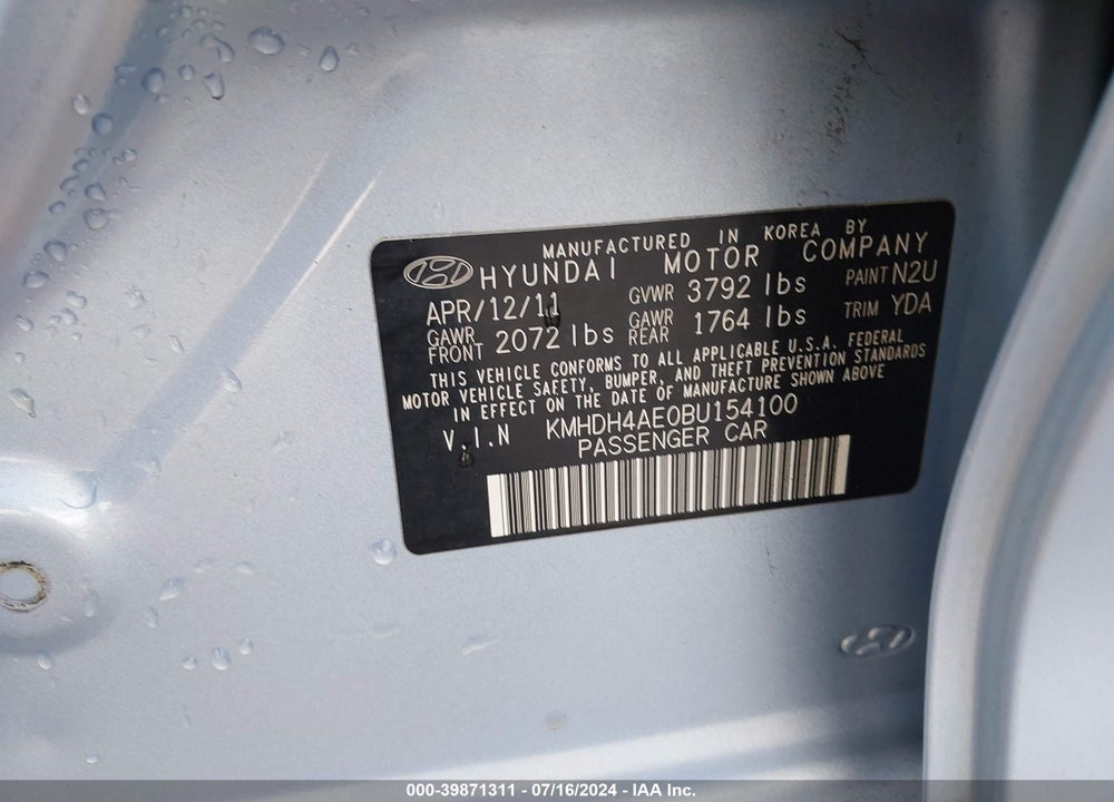 2011 HYUNDAI ELANTRA LIMITED (ULSAN PLANT) VIN: KMHDH4AE0BU154100