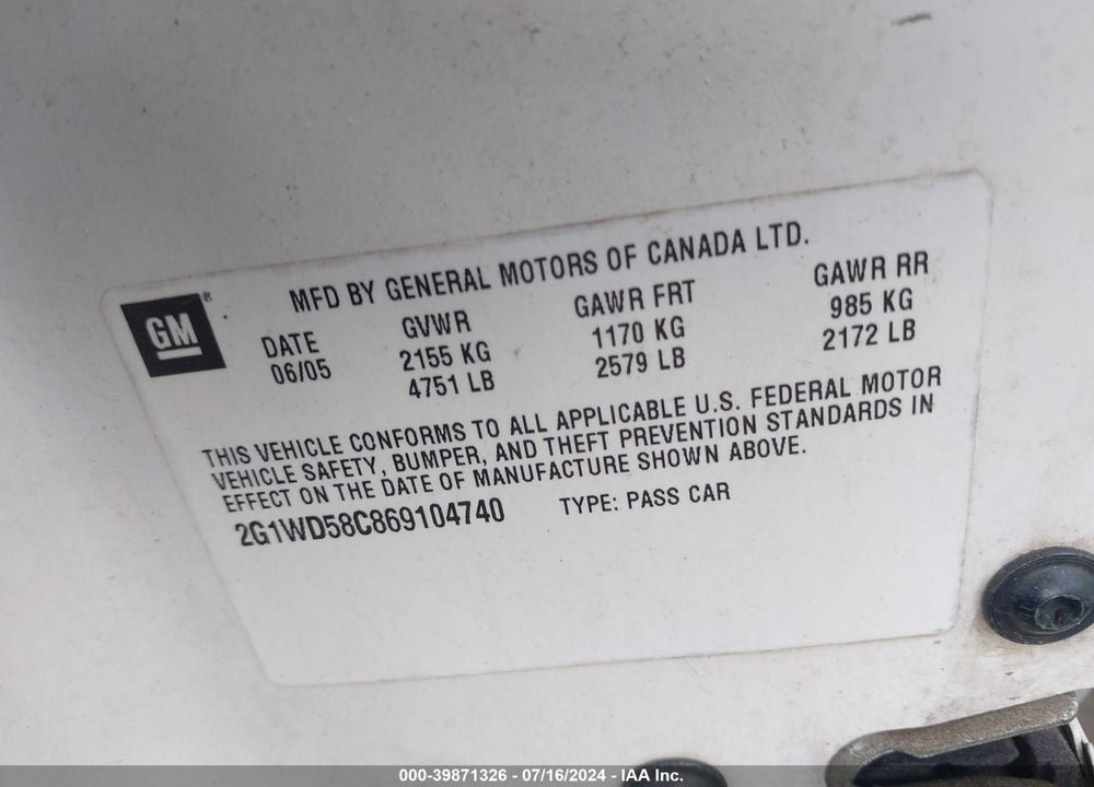 2006 CHEVROLET IMPALA  SS VIN: 2G1WD58C869104740