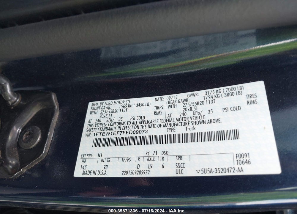 2015 FORD F-150 PLATINUM VIN: 1FTEW1EF7FFD09073