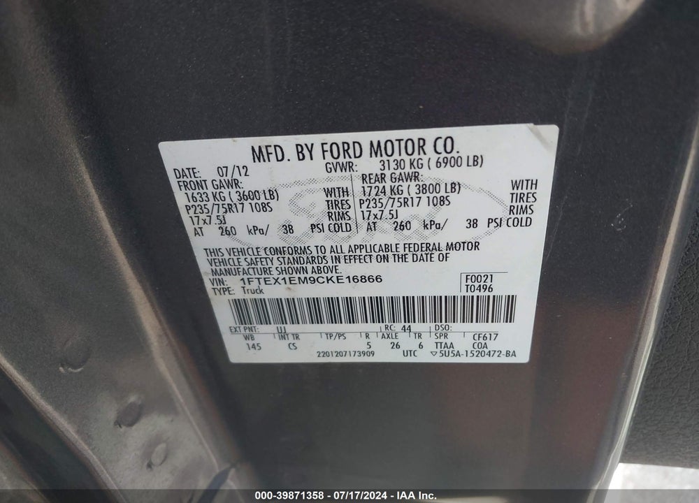 2012 FORD F-150 STX VIN: 1FTEX1EM9CKE16866
