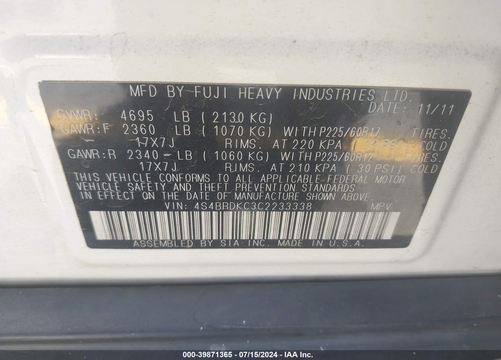 2012 SUBARU OUTBACK 3.6R LIMITED VIN: 4S4BRDKC3C2233338