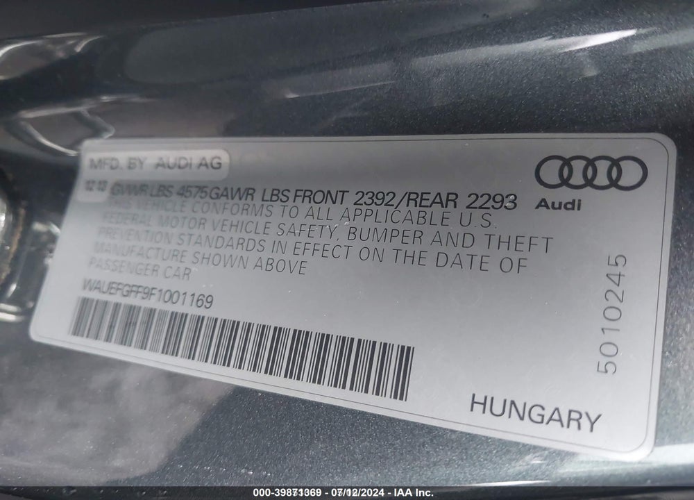 2015 AUDI A3 2.0T PREMIUM VIN: WAUEFGFF9F1001169