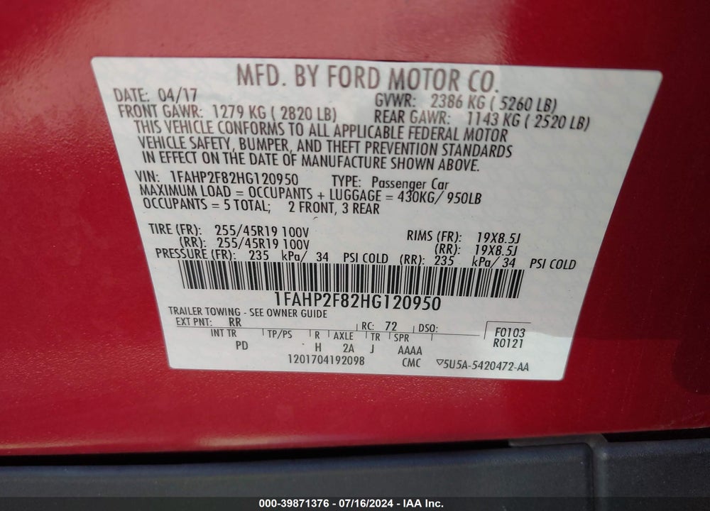 2017 FORD TAURUS LIMITED VIN: 1FAHP2F82HG120950