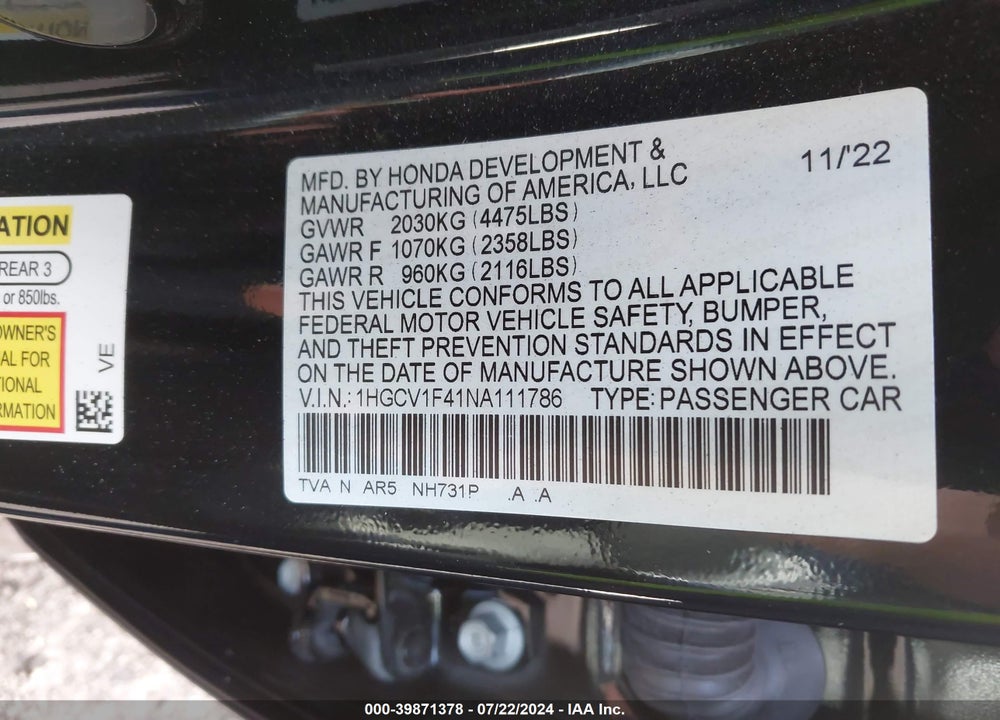 2022 HONDA ACCORD SPORT SPECIAL EDITION VIN: 1HGCV1F41NA111786