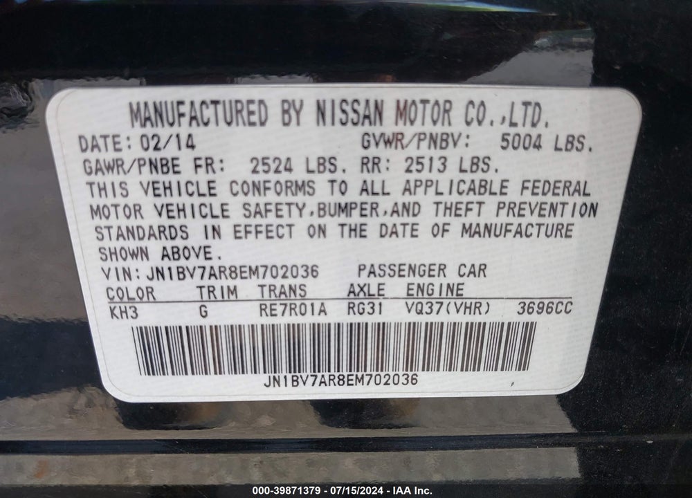 2014 INFINITI Q50 VIN: JN1BV7AR8EM702036