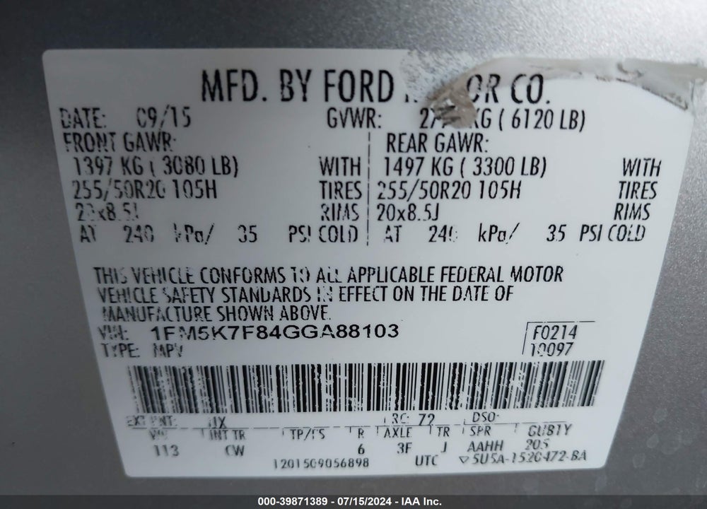 2016 FORD EXPLORER LIMITED VIN: 1FM5K7F84GGA88103