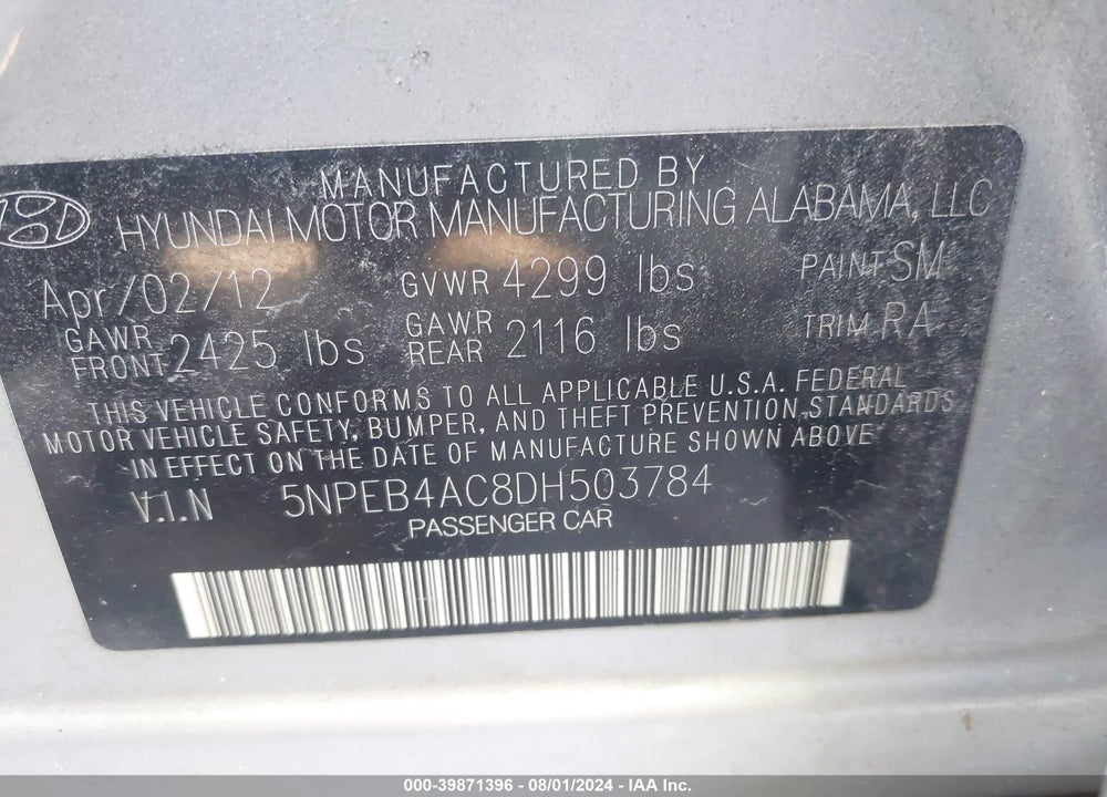 2013 HYUNDAI SONATA GLS VIN: 5NPEB4AC8DH503784
