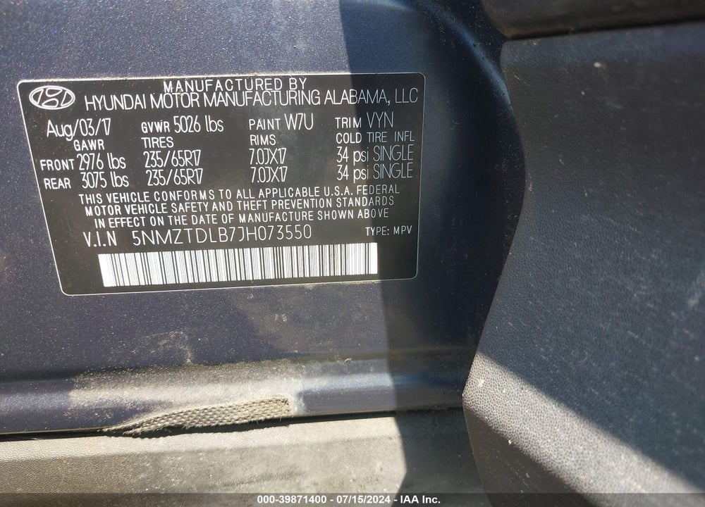 2018 HYUNDAI SANTA FE SPORT 2.4L VIN: 5NMZTDLB7JH073550