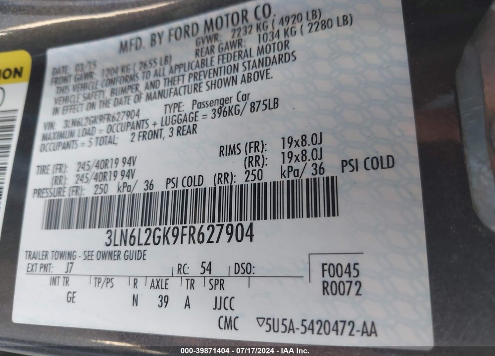 2015 LINCOLN MKZ VIN: 3LN6L2GK9FR627904
