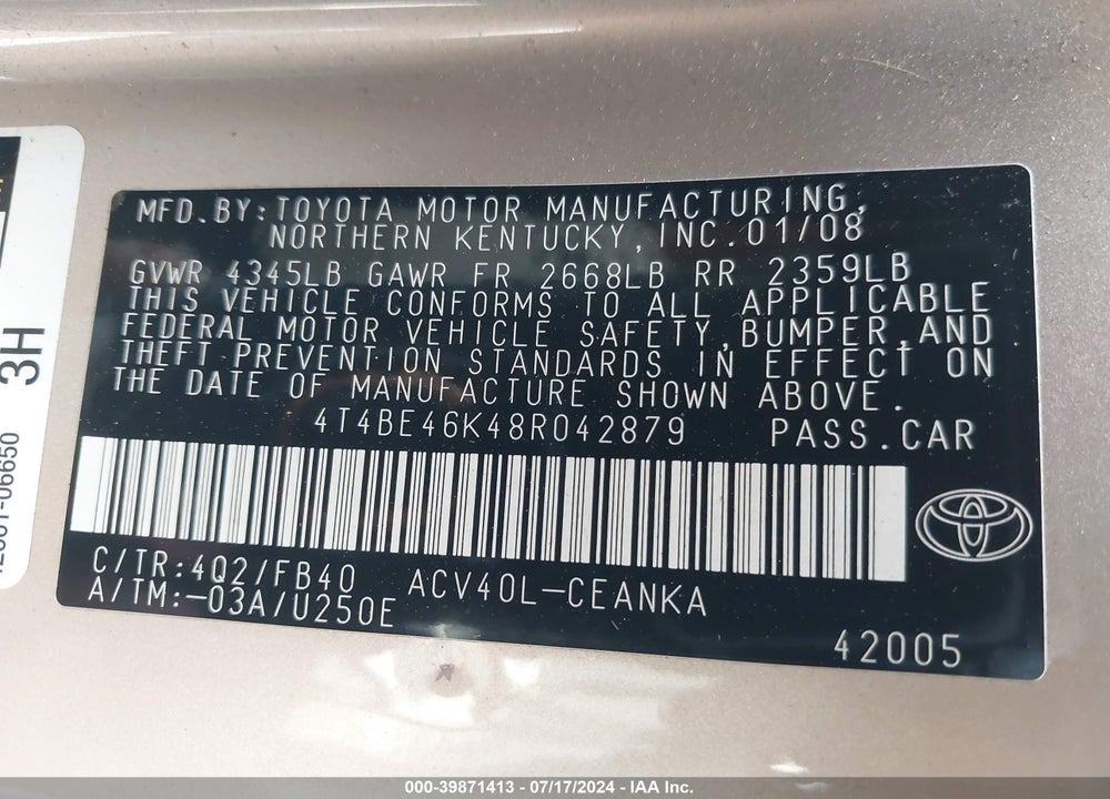 2008 TOYOTA CAMRY LE VIN: 4T4BE46K48R042879