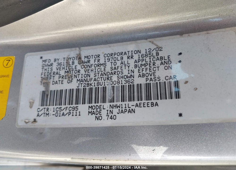 2003 TOYOTA PRIUS VIN: JT2BK18U130081362