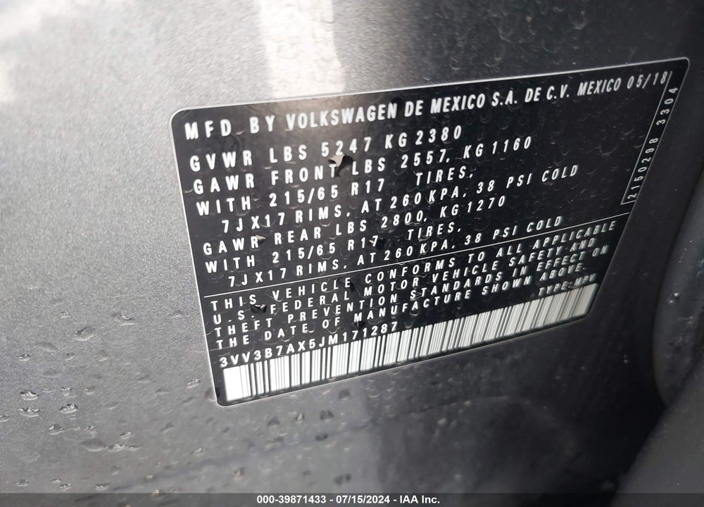 2018 VOLKSWAGEN TIGUAN 2.0T SE/2.0T SEL VIN: 3VV3B7AX5JM171287